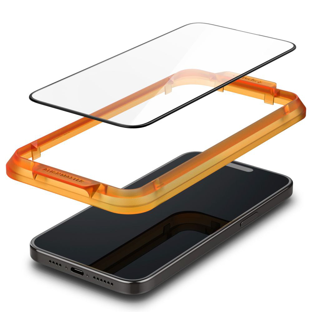 Schutzfolie Spigen GlastR Align Master für Apple iPhone 15 Plus, gehärtetes Glas, Full Glue, Set mit 2 Stück, Schwarz AGL06886