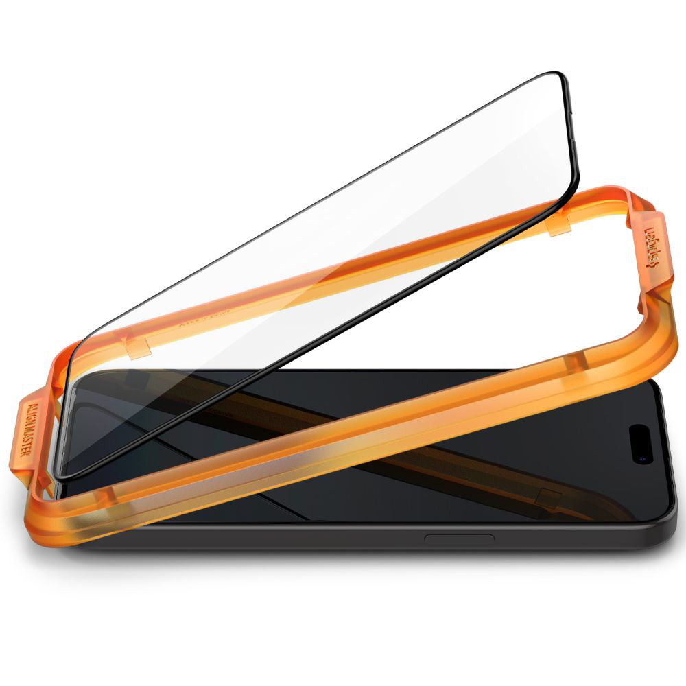 Schutzfolie Spigen GlastR Align Master für Apple iPhone 15 Plus, gehärtetes Glas, Full Glue, Set mit 2 Stück, Schwarz AGL06886