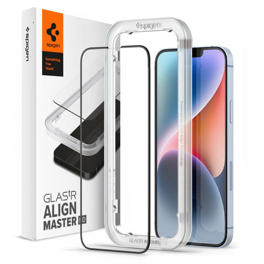 Displayschutzfolie Spigen GlastR Align Master für Apple iPhone 17e / 16e / 14 / 13 Pro, gehärtetes Glas, vollflächiger Kleber, Schwarz AGL03725