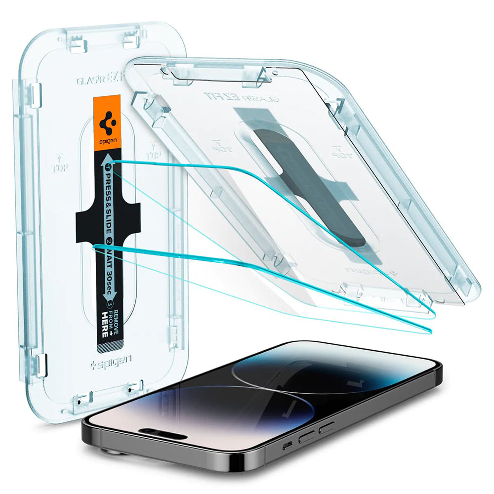 Film de protection écran Spigen GlastR EZ FIT pour Apple iPhone 14 Pro, Verre Trempé, Full Glue, Lot de 2 pièces