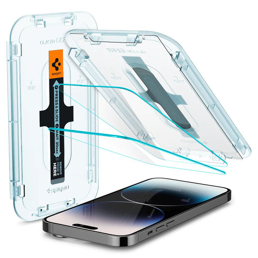 Schutzfolie Spigen GlastR EZ FIT für Apple iPhone 14 Pro, gehärtetes Glas, Vollkleber, Set mit 2 Stück