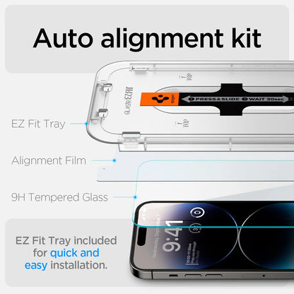 Film de protection écran Spigen GlastR EZ FIT pour Apple iPhone 14 Pro, Verre Trempé, Full Glue, Lot de 2 pièces
