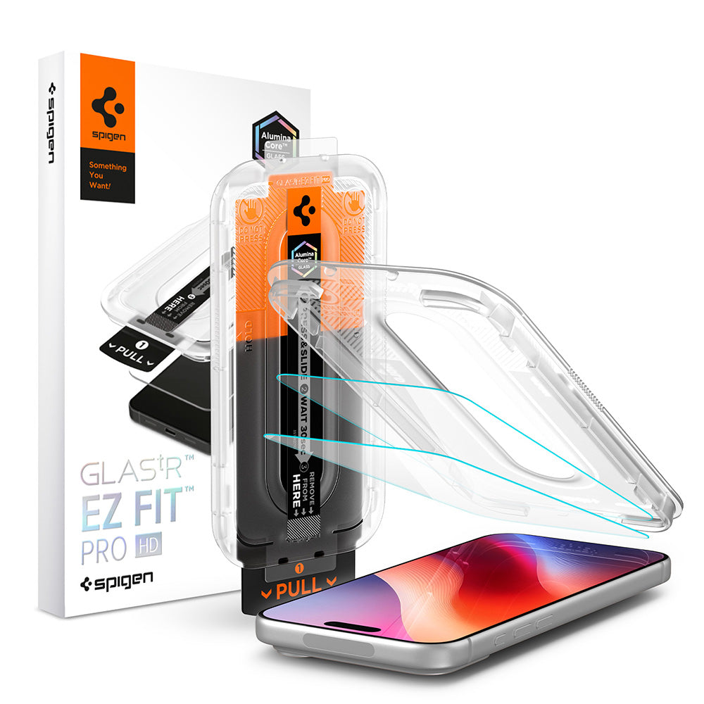 Film de protection d'écran Spigen GlastR EZ FIT Pro HD pour Apple iPhone 18 Pro / 17 Pro / 17 / 16 Pro, Verre trempé, Collage complet, Set de 2 pièces AGL12047