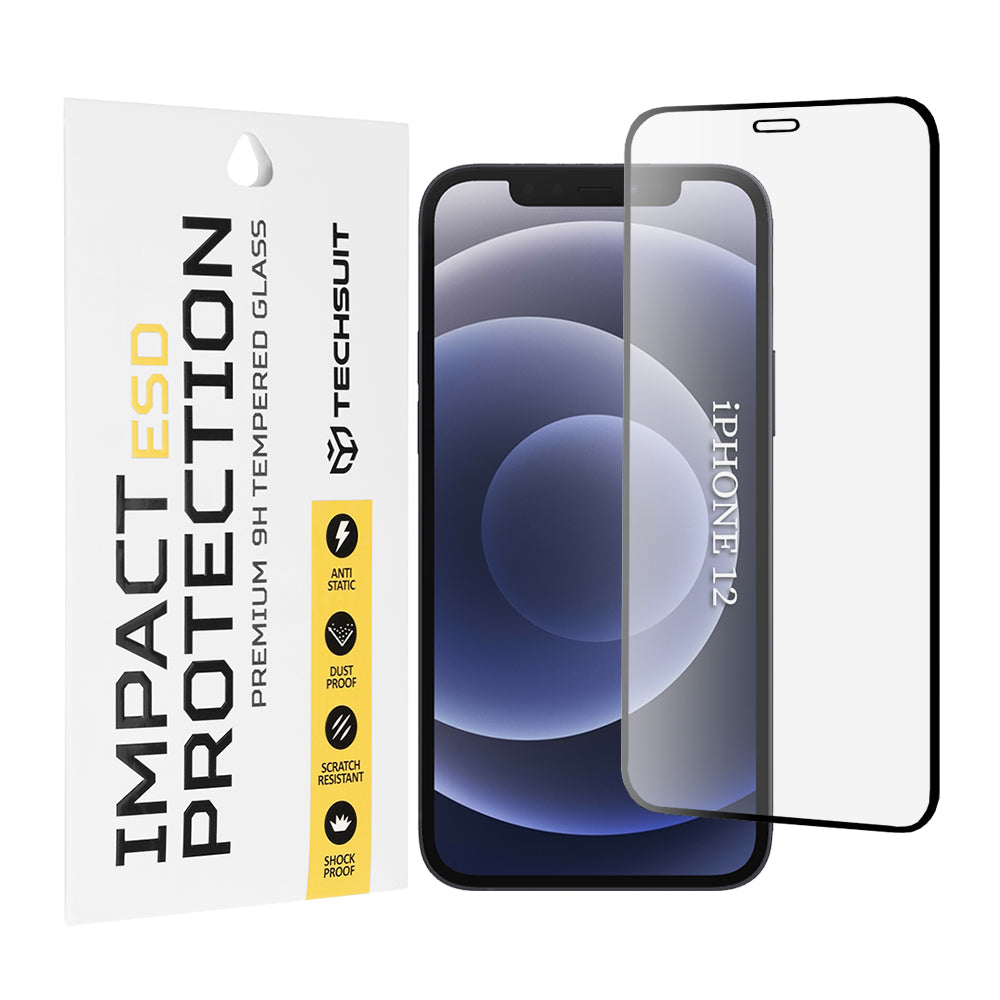 Film de protection d'écran Techsuit pour Apple iPhone 12 / 12 Pro, Verre Trempé, Collage Complet, Noir