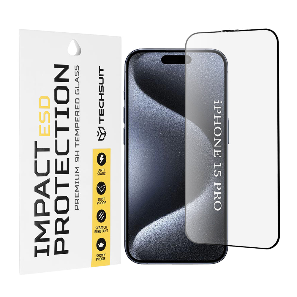 Film de protection d'écran Techsuit pour Apple iPhone 15 Pro, Verre trempé, Collage intégral, Noir