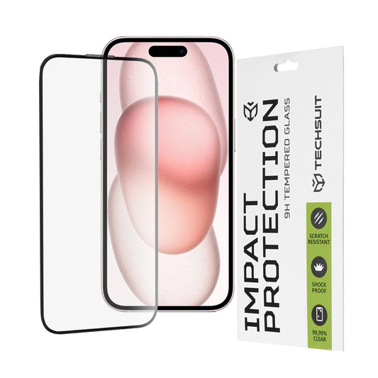 Pellicola Protettiva per Schermo Techsuit per Apple iPhone 16 / 15, Vetro Temperato, Full Glue, 111D, Nero