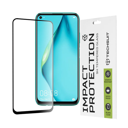Techsuit Displayschutzfolie für Huawei P40 lite 4G / P20 lite (2019), gehärtetes Glas, Full Glue, 111D, Schwarz