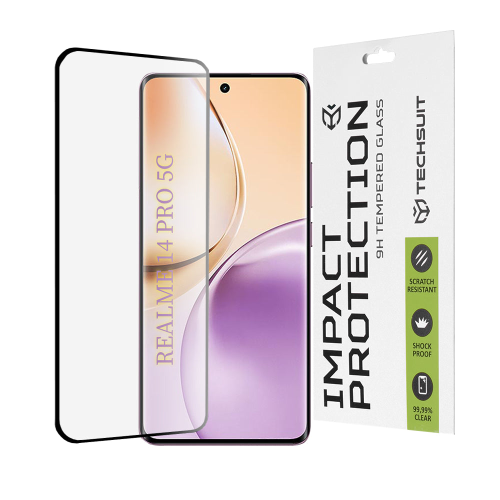 Pellicola protettiva per schermo Techsuit per Realme 14 Pro, Vetro temperato, Full Glue, 111D, Nero