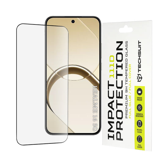 Film de protection d'écran Techsuit pour Realme 16, Verre trempé, Full Glue, 111D, Noir