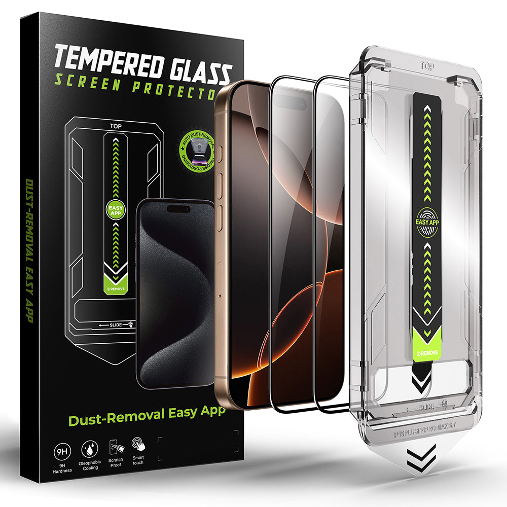 Film de protection d'écran Techsuit TitanGlass pour Apple iPhone 14 Pro Max, Verre trempé, Collage intégral, Lot de 2 pièces, Noir