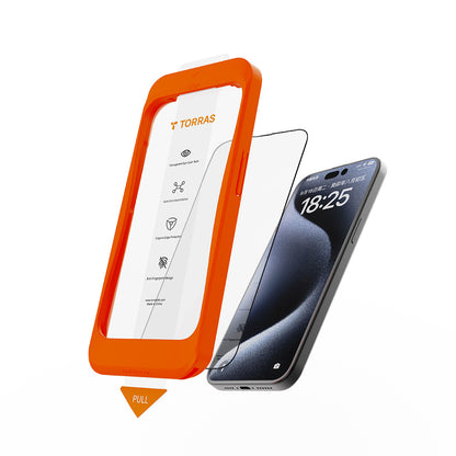 Pellicola protettiva per schermo Torras GlassGo Install Master per Apple iPhone 16 Pro Max, Vetro temperato, Full Glue, Nero