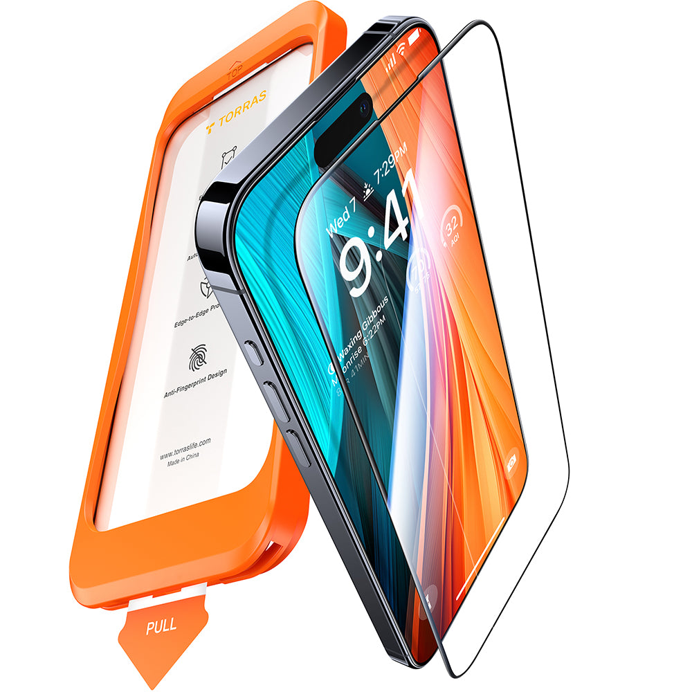 Pellicola protettiva per schermo Torras GlassGo Install Master per Apple iPhone 16 Pro Max, Vetro temperato, Full Glue, Nero