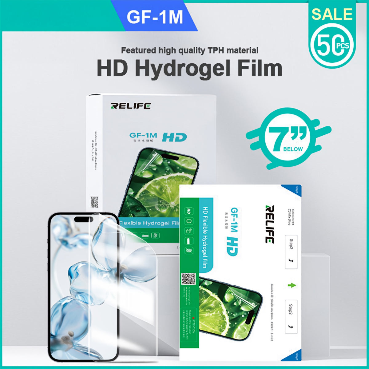 Film Hydrogel / TPU Relife GF-1M pour Appareil de Laminage UV Vide Sunshine C3 Mix Ultra, 120mm x 210mm, Set de 50 pièces