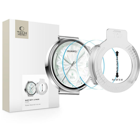 Film de protection Tech-Protect Easy Set+ pour Huawei Watch GT 5 41mm, Lot de 2 pièces, Verre trempé