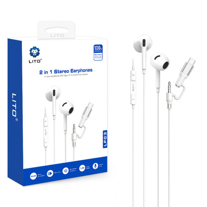 Handsfree 3.5mm / USB-C Lito LF03, Blanc