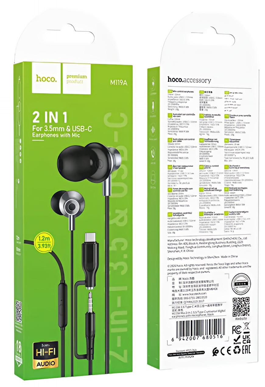 Auricolare 3.5mm / USB-C HOCO M119A, Nero