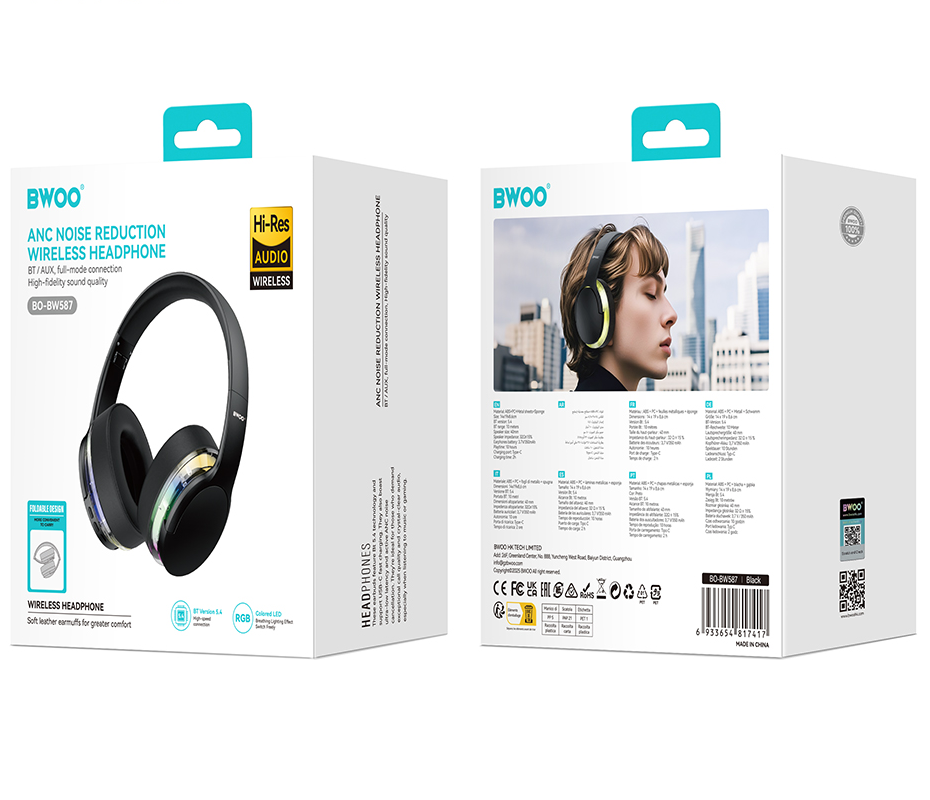Auricolare Bluetooth BWOO BO-BW587, A2DP, ANC, Nero