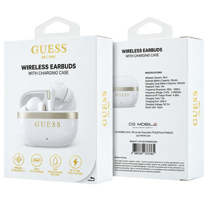 Kit mains libres Bluetooth Guess Glossy Gold Line Printed Classic Logo, TWS, blanc