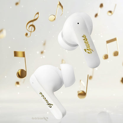 Auricolari Bluetooth Guess Script con Logo Metallico, TWS, Bianco
