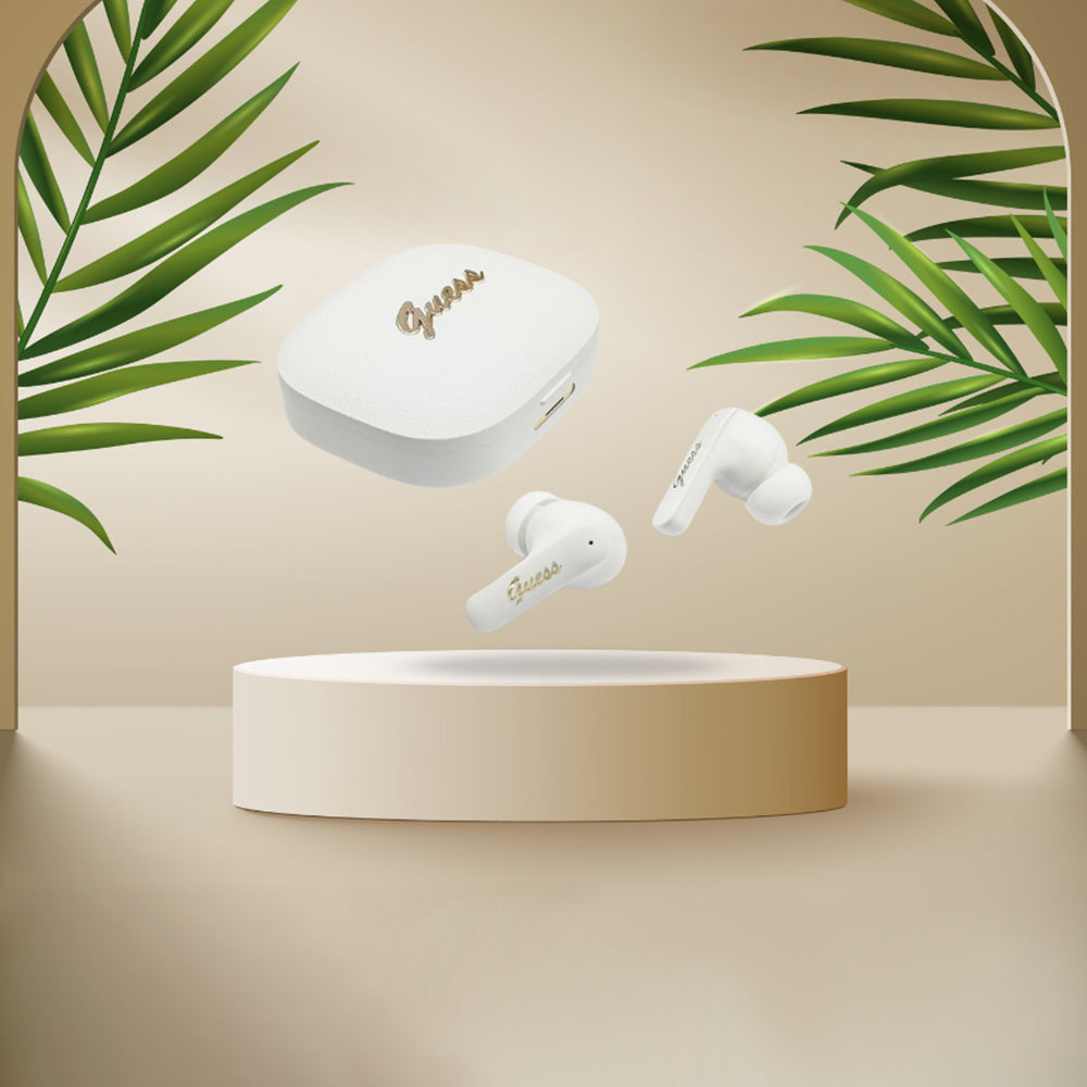 Auricolari Bluetooth Guess Script con Logo Metallico, TWS, Bianco