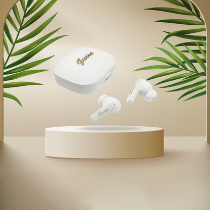 Auricolari Bluetooth Guess Script con Logo Metallico, TWS, Bianco