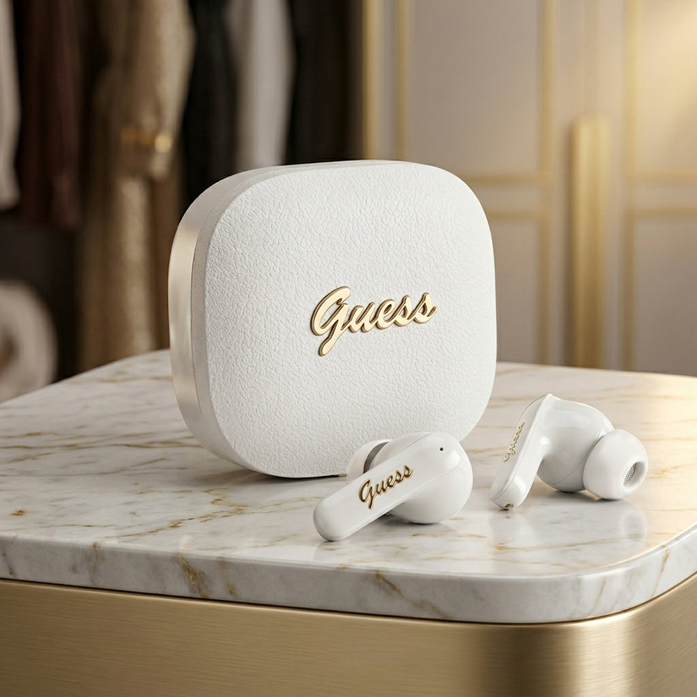 Auricolari Bluetooth Guess Script con Logo Metallico, TWS, Bianco