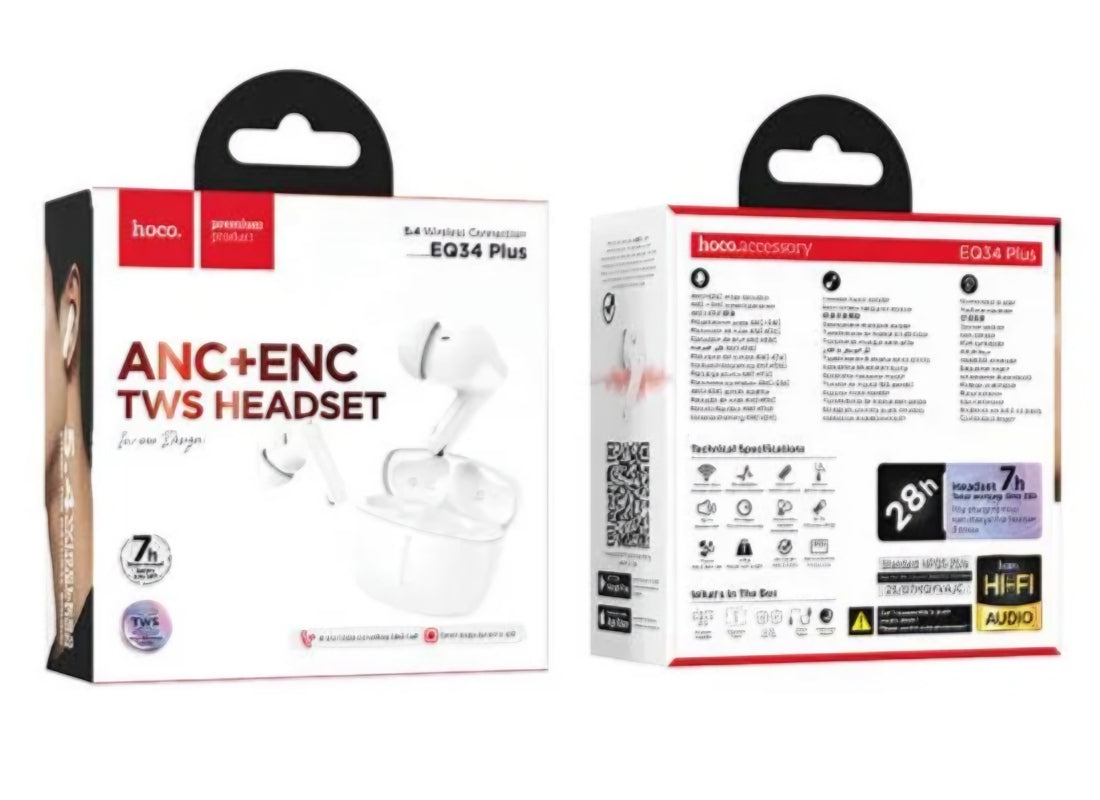 Kit mains libres Bluetooth HOCO EQ34 Plus, TWS, ANC, Blanc