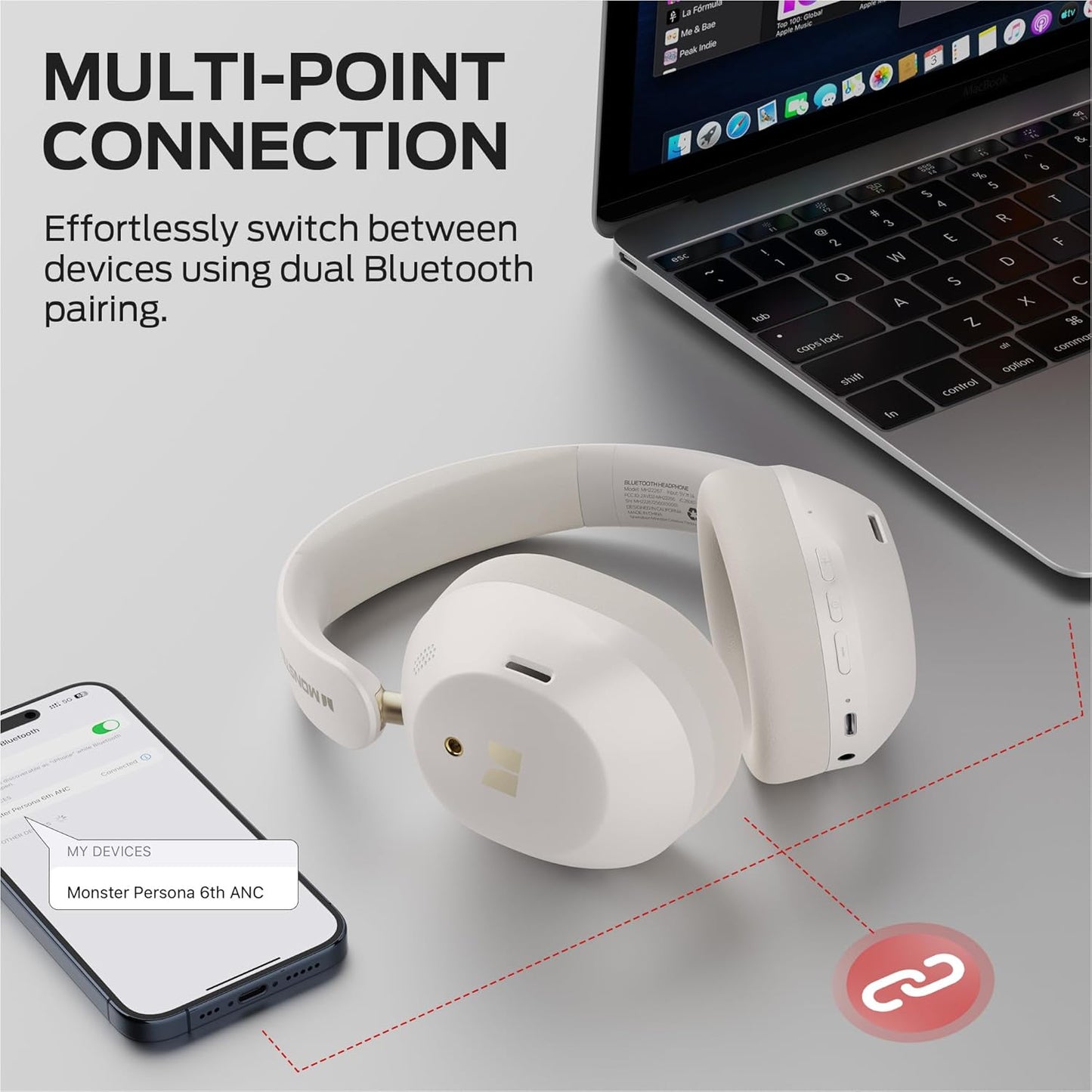 Bluetooth-Headset Monster Persona 6th, MultiPoint, A2DP, ANC, Weiß