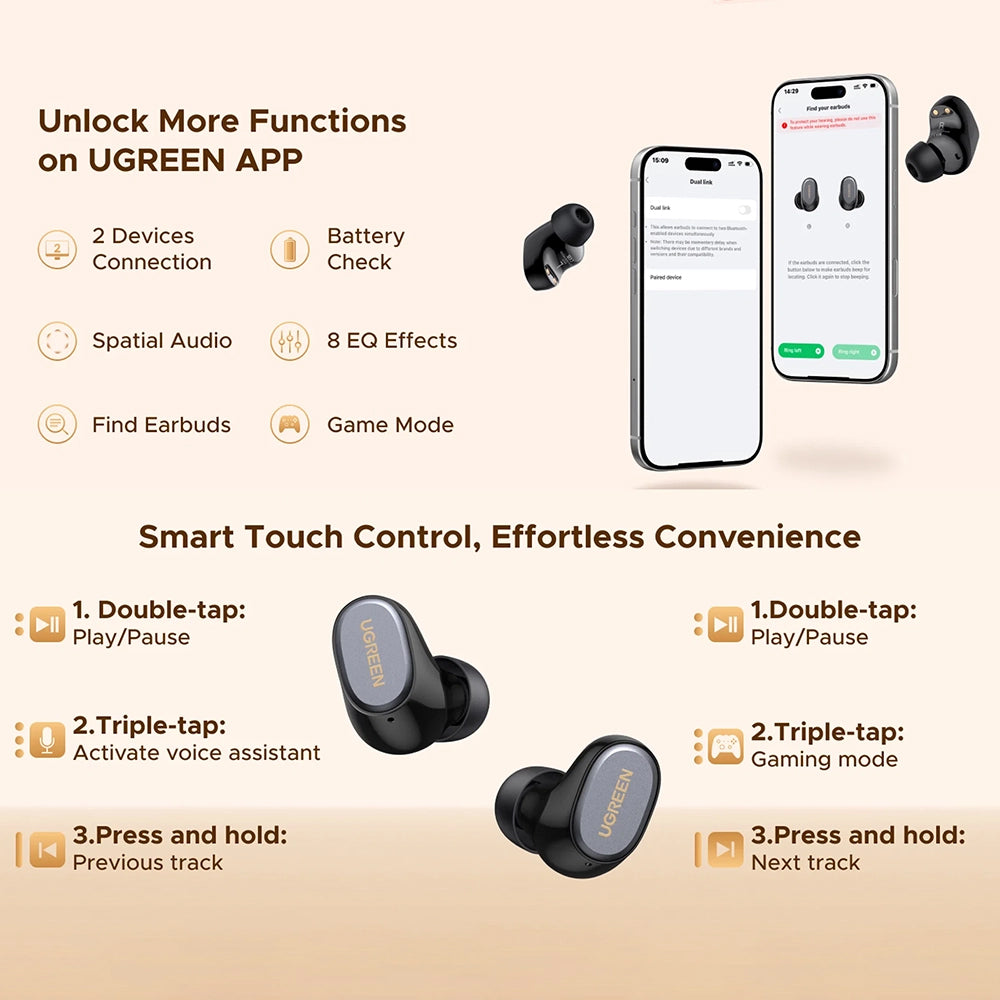 Auricolari Bluetooth UGREEN Dots (75628), TWS, MultiPoint, Nero