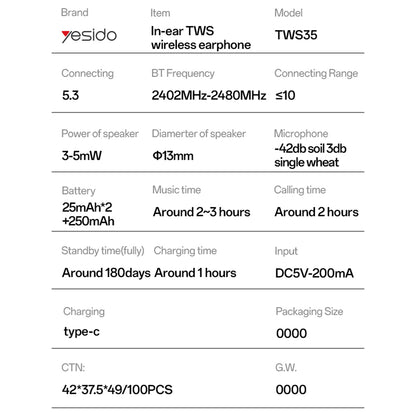Auricolare Bluetooth Yesido TWS35, TWS, Bianco