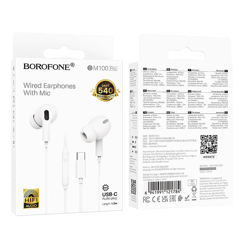 Auricolari USB-C Borofone BM100 Pro Fuente, Bianco