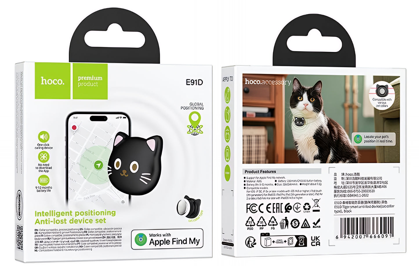 HOCO SmartTag E91D Cat für iOS-Serien, Schwarz