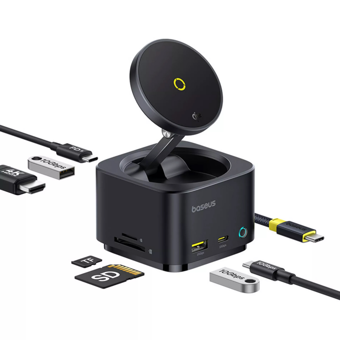 Hub Multifonctionnel Baseus MagPro II 7en1, 1 x USB-A - 2 x USB-C - 1 x HDMI - 1 x QI - 1 x SD - 1 x microSD, Noir Reconditionné B00072900121-00