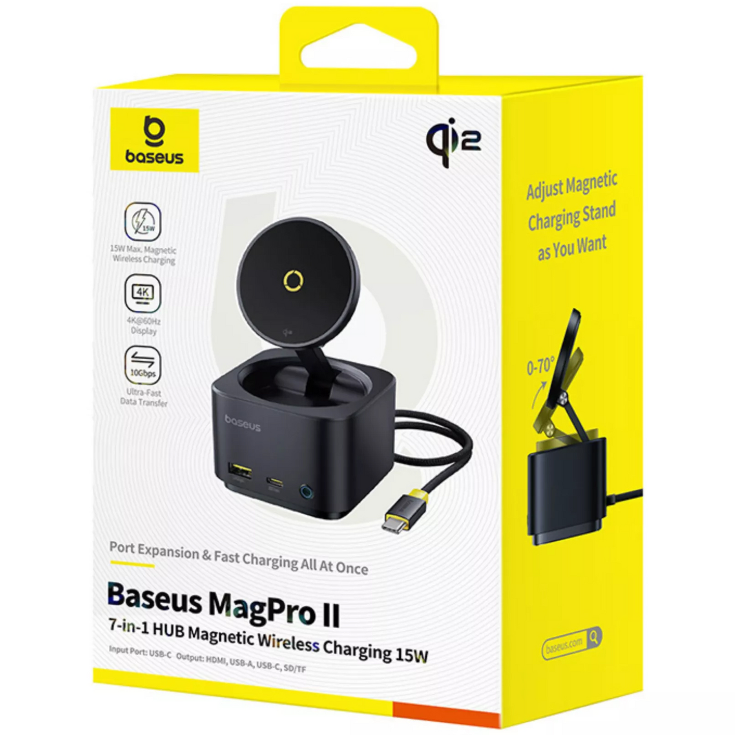 Hub Multifonctionnel Baseus MagPro II 7en1, 1 x USB-A - 2 x USB-C - 1 x HDMI - 1 x QI - 1 x SD - 1 x microSD, Noir Reconditionné B00072900121-00