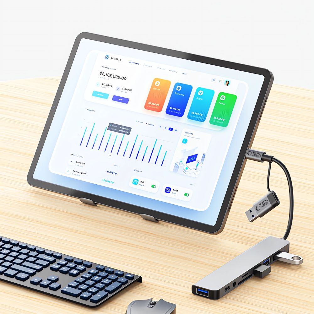 Hub USB / USB-C Tech-Protect HB06, 2 x USB-A 3.0 - 2 x USB-A - 1 x USB-C - 1 x Jack 3.5mm - 1 x SD - 1 x microSD, Gris