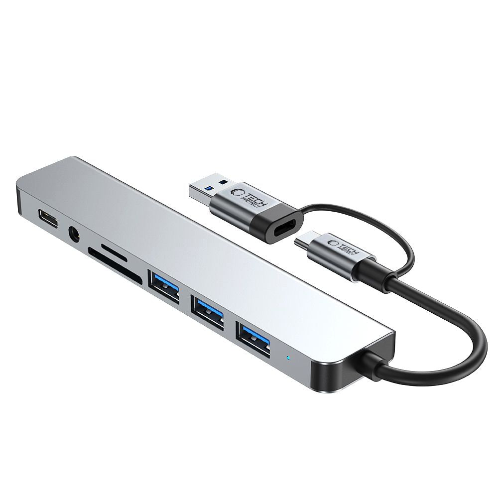 Hub USB / USB-C Tech-Protect HB06, 2 x USB-A 3.0 - 2 x USB-A - 1 x USB-C - 1 x Jack 3.5mm - 1 x SD - 1 x microSD, Gris