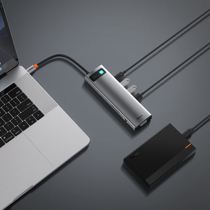 Hub USB-C Baseus Metal Gleam, 3 x USB-A 3.0 - 1 x USB-C - 2 x HDMI - 1 x VGA - 1 x Jack 3.5mm - 1 x RJ45 - 1 x SD - 1 x microSD, Grigio CAHUB-CT0G