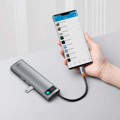 Hub USB-C Baseus Metal Gleam, 3 x USB-A 3.0 - 1 x USB-C - 2 x HDMI - 1 x VGA - 1 x Jack 3.5mm - 1 x RJ45 - 1 x SD - 1 x microSD, Grigio CAHUB-CT0G