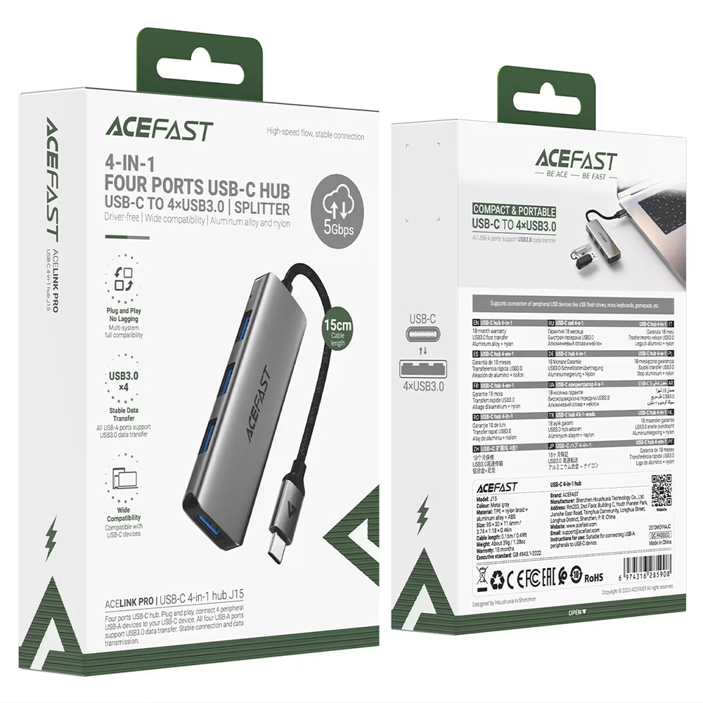 USB-C Hub Acefast J15, 4in1, Grau