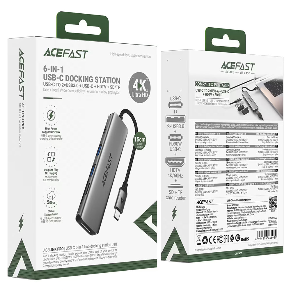 Hub USB-C Acefast J18, 6in1, Grigio