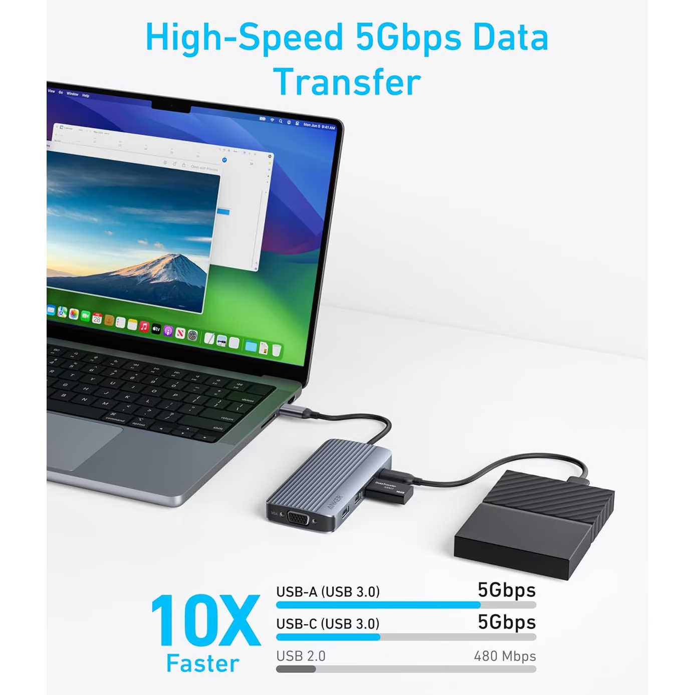 Hub USB-C Anker, 3 x USB-A 3.0 - 2 x USB-C - 2 x HDMI - 1 x VGA, Grau A83790A2