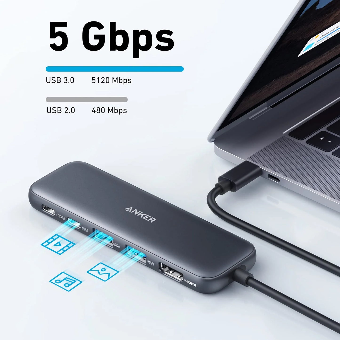 Hub USB-C Anker 332, 2 x USB-A - 2 x USB-C - 1 x HDMI, Grigio A8355H11