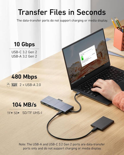 Hub USB-C Anker PowerExpand, 1 x USB-A 3.2 - 2 x USB-A - 2 x USB-C - 1 x Display Port - 1 x HDMI - 1 x Jack 3,5 mm - 1 x RJ45 - 1 x SD - 1 x microSD, Gris