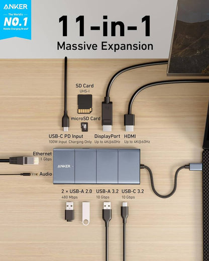 Hub USB-C Anker PowerExpand, 1 x USB-A 3.2 - 2 x USB-A - 2 x USB-C - 1 x Display Port - 1 x HDMI - 1 x Jack 3,5 mm - 1 x RJ45 - 1 x SD - 1 x microSD, Gris