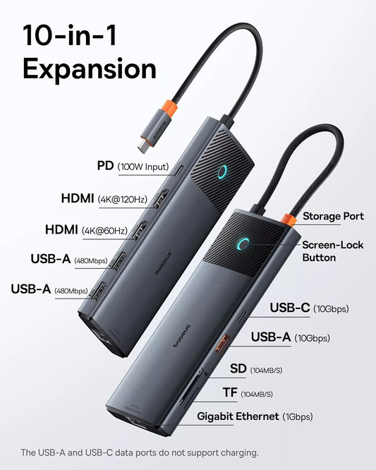Hub USB-C Baseus Dual Display, 1 x USB-A 3.0 - 2 x USB-A - 2 x USB-C - 2 x HDMI - 1 x RJ45 - 1 x SD - 1 x microSD, Noir B00061800123-01