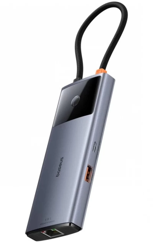 USB-C Hub Baseus Metal Gleam II, 2 x USB-A - 2 x USB-C - 1 x HDMI - 1 x RJ45, Grau B00061802813-00
