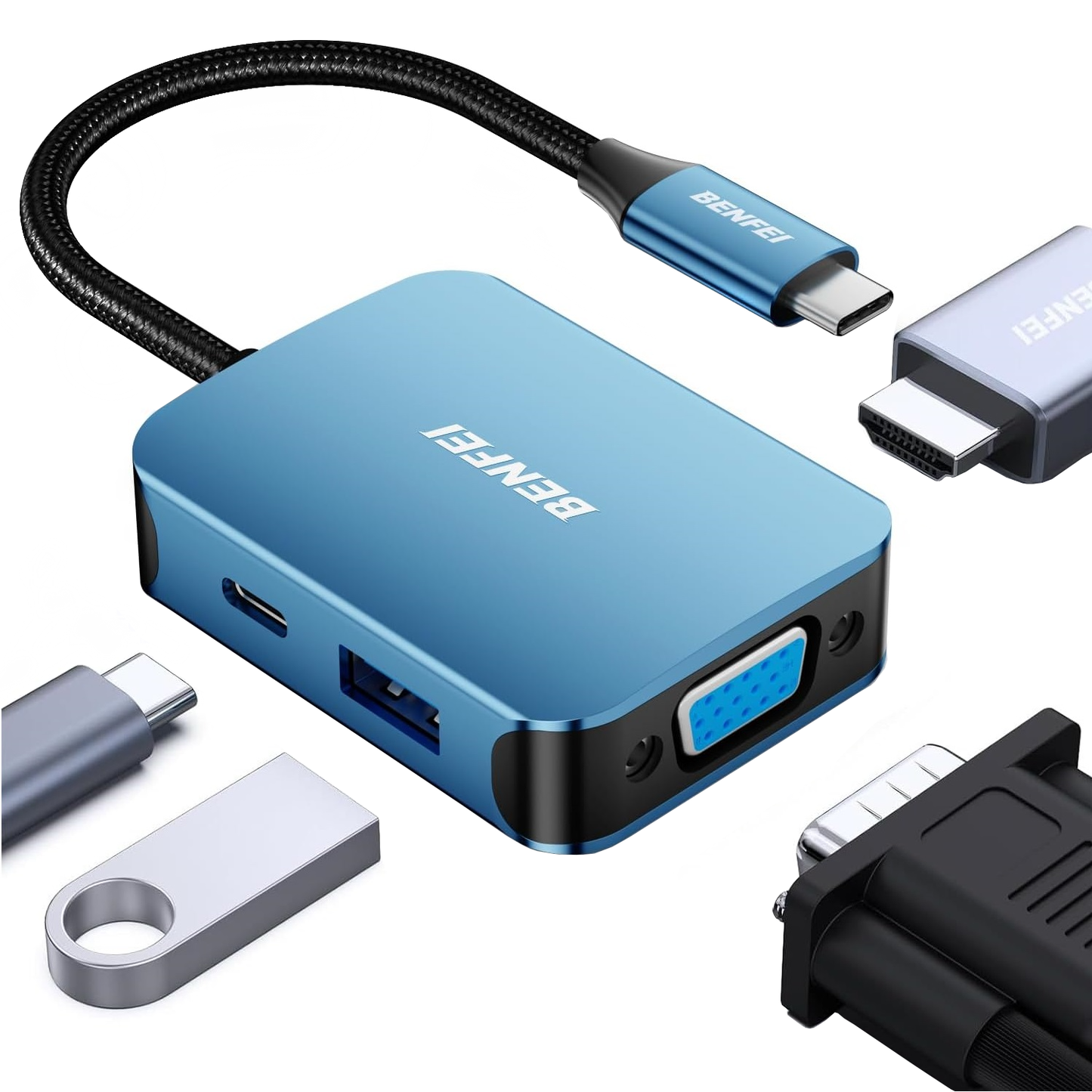 Hub USB-C Benfei, 1 x USB-A 3.0 - 1 x USB-C - 1 x HDMI - 1 x VGA, Bleu