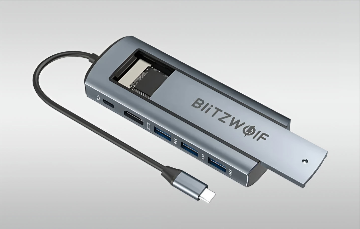 BlitzWolf BW-Neo TH13 USB-C Hub, 3 x USB-A 3.0 - 1 x USB-C - 1 x Display Port - 1 x SSD Interface, Gray