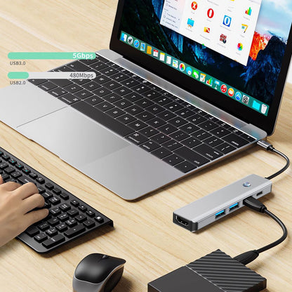 Hub USB-C Tech-Protect HB01, 1 x USB-A 3.0 - 2 x USB-A - 1 x USB-C - 1 x HDMI, Grau
