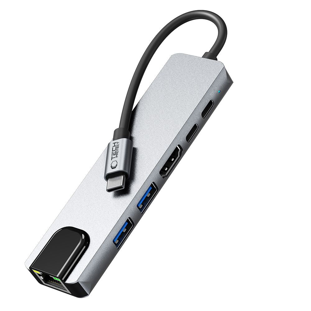 Hub USB-C Tech-Protect HB02, 1 x USB-A 3.0 - 1 x USB-A - 2 x USB-C - 1 x HDMI - 1 x RJ45, Grau